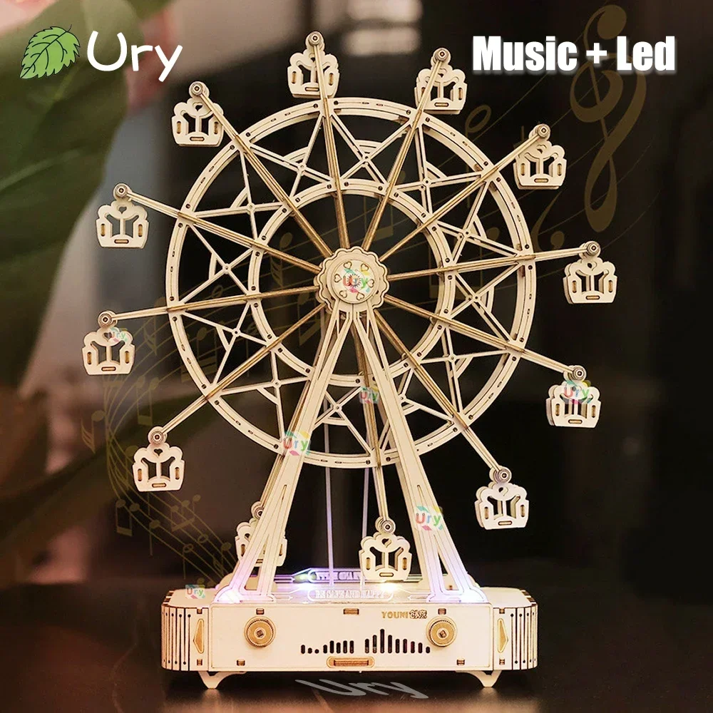 Ury 3D Wooden Puzzles Colorful Led Rotatable Ferris Wheel Music Octave Box Mechanical Kit Assembly Decor DIY Gift for Kid Adult