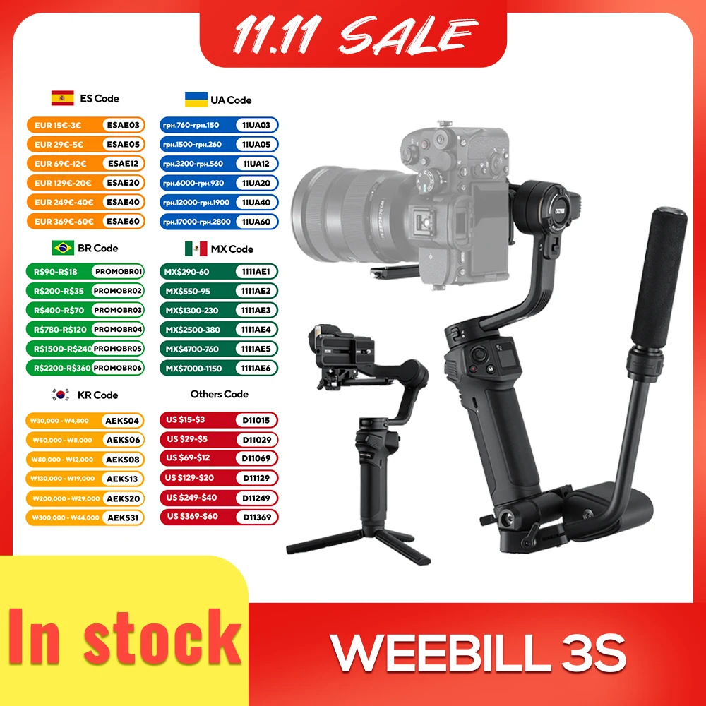 

ZHIYUN Official Weebill 3S 3-Axis Camera Stabilizer Gimbal Handheld Bluetooth Control Fill Light for DSLR Mirrorless Cameras