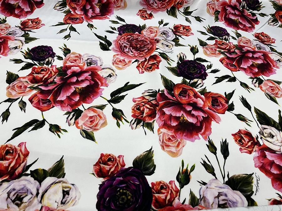 

30Momme Stretch High Quality Real Silk Heavy Crepe Clothing Cloth White Background Color Peony Inkjet Designer Fabric Dress