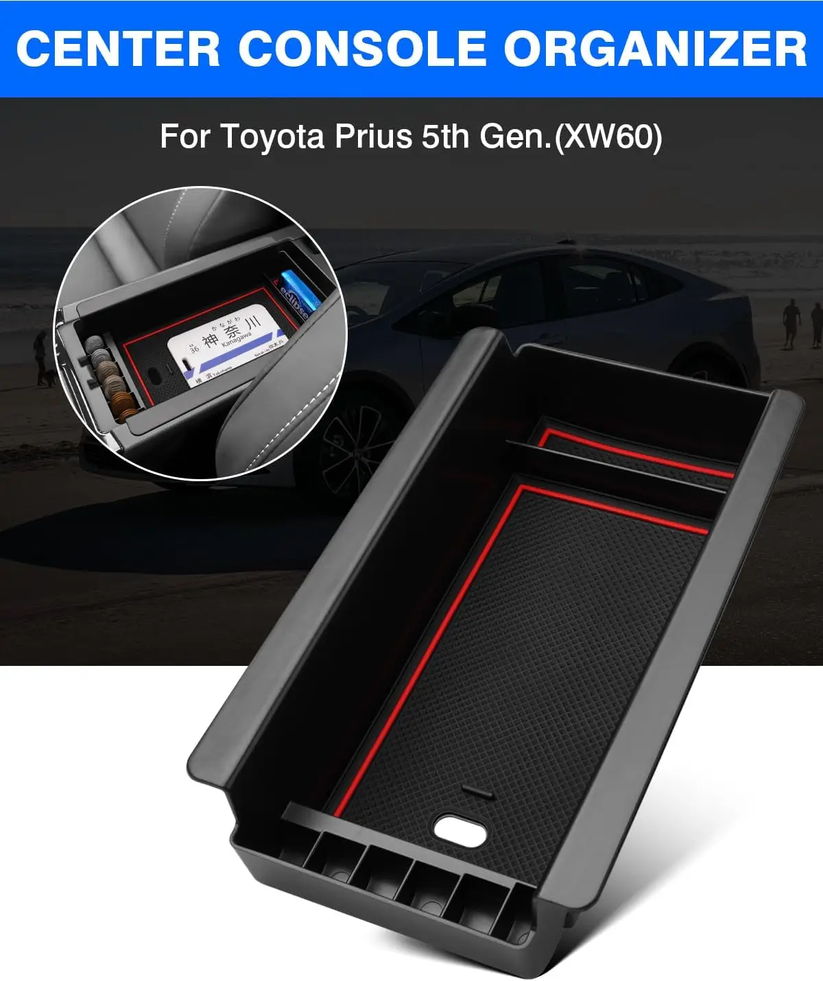 Center Console Organizer for 2023-2026 Toyota Prius Accessories Armrest Storage Box Secondary Insert Tray with 2 Color Mats