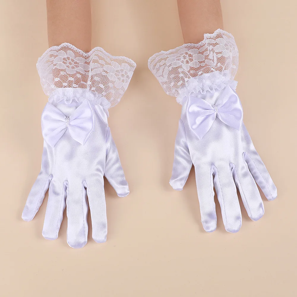Kids Gloves White Bow Satin Lace Trim Wedding Flower Girl Student Performance Dress Soft Lightweight Child Size Party Show New