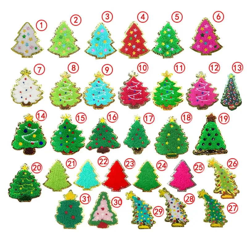 1PC Christmas Tree Patches Iron on Chenille Gold Glitter Sticker Sew-on Patch Embroidered Clothing Pathes Bag Accessories