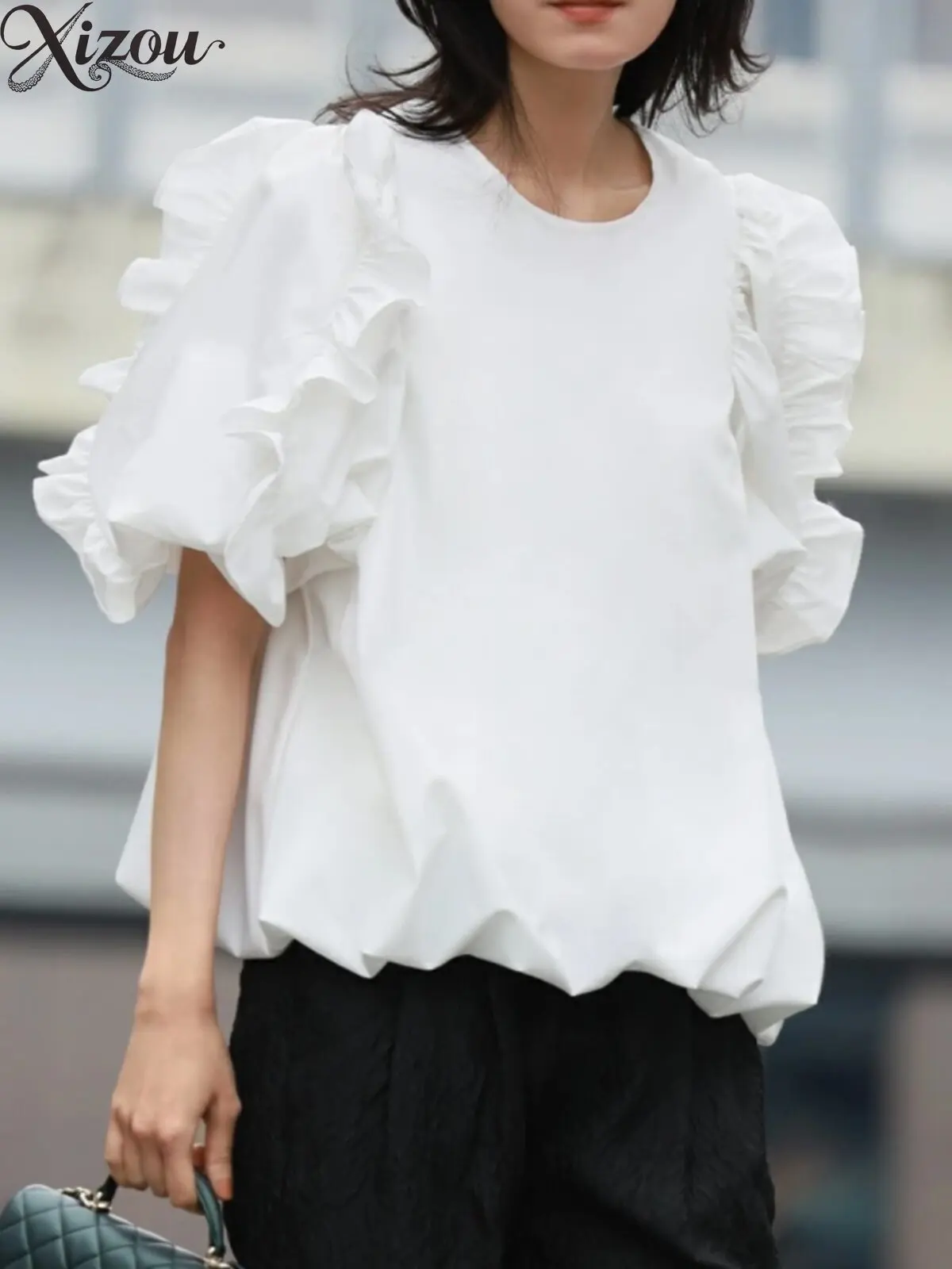 Round Neck Short Balloon Bubble Puff Sleeve Blouse Ruffle Frill Trim Loose Spring Summer Japanese Korean Sweet Women Casual