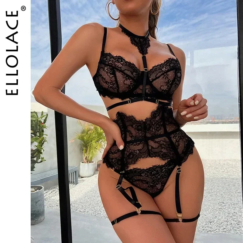 Ellolace roupa íntima sexy lingerie 3 peças sutiã transparente renda terno sexy liga cinto com meias mulher erótica íntima