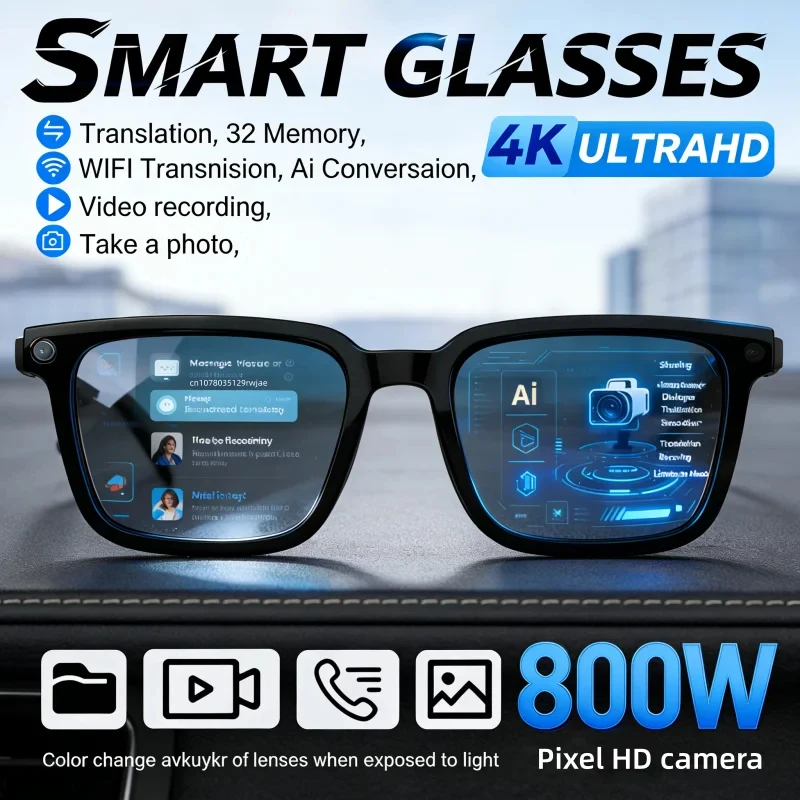 2026 New AI Smart Glasses AI Translation 8MP HD Camera 4K Shooting Image Bluetooth Call Recording Music Smart Sunglasses