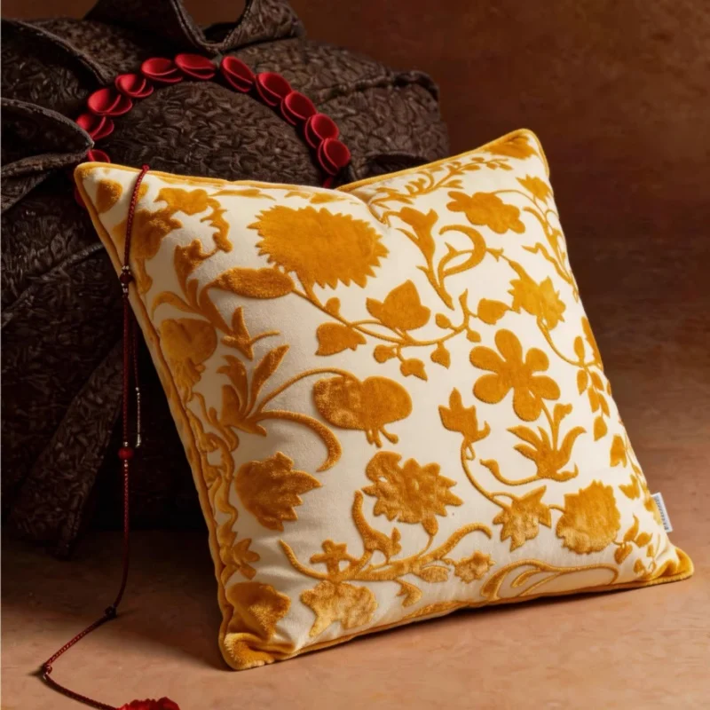 Oriental Bird & Floral Throw Pillow Cover  Mustard Yellow Cream Jacquard Cushion Case Chinese Retro Decorative Pillow For Sofa