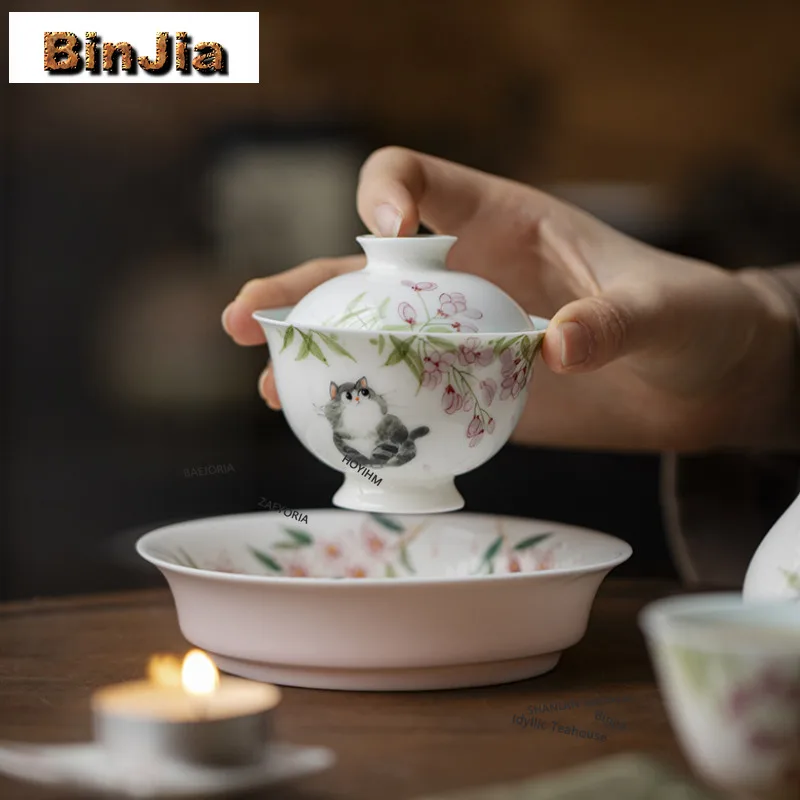 BAEJORIA 85ml Hand Drawn Puppet Cat Gaiwan Vintage Tea Tureen Tea Bowl With Lid Kit Tea Maker Cover Bowl Tea Services Craft