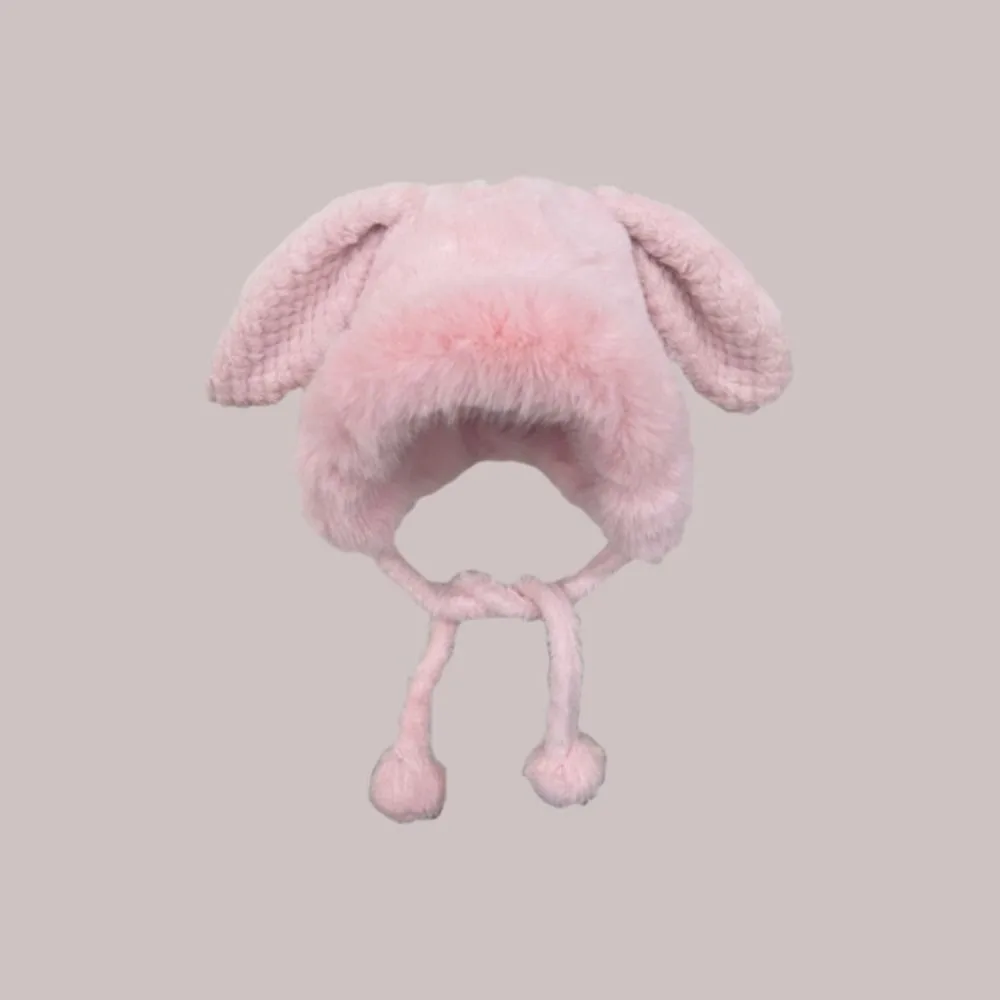 かわいい暖かい冬用帽子、紐付きウールのクマ耳帽子、耳保護ベルベットバケットハット、女性用