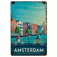 1d,Amsterdam The Netherlands Tin Metal Sign Distressed Dutch Canal Bicycles Wall Ar