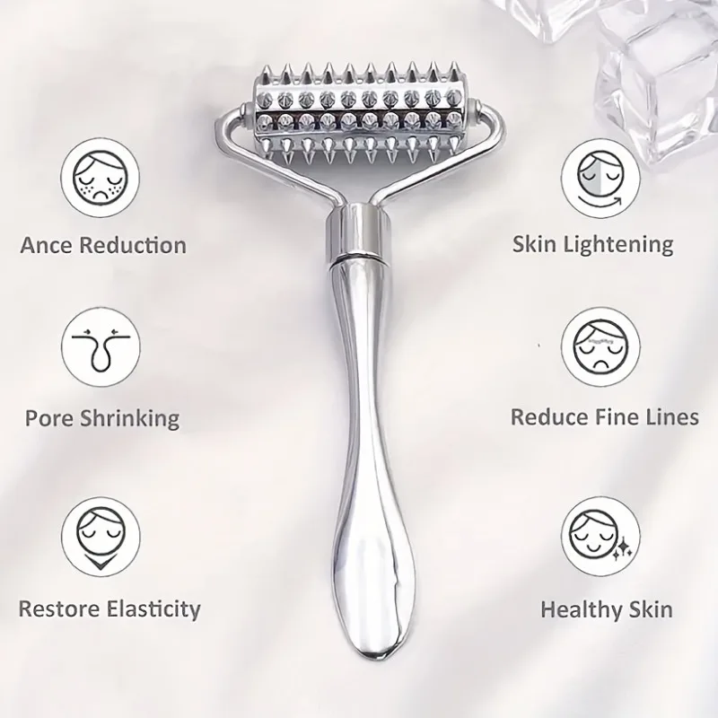 Gesichtsroller-Massagegerät aus Zinklegierung – doppelseitiges Hautpflegewerkzeug mit Nadel und glatten Rollen für Gesicht und Hals