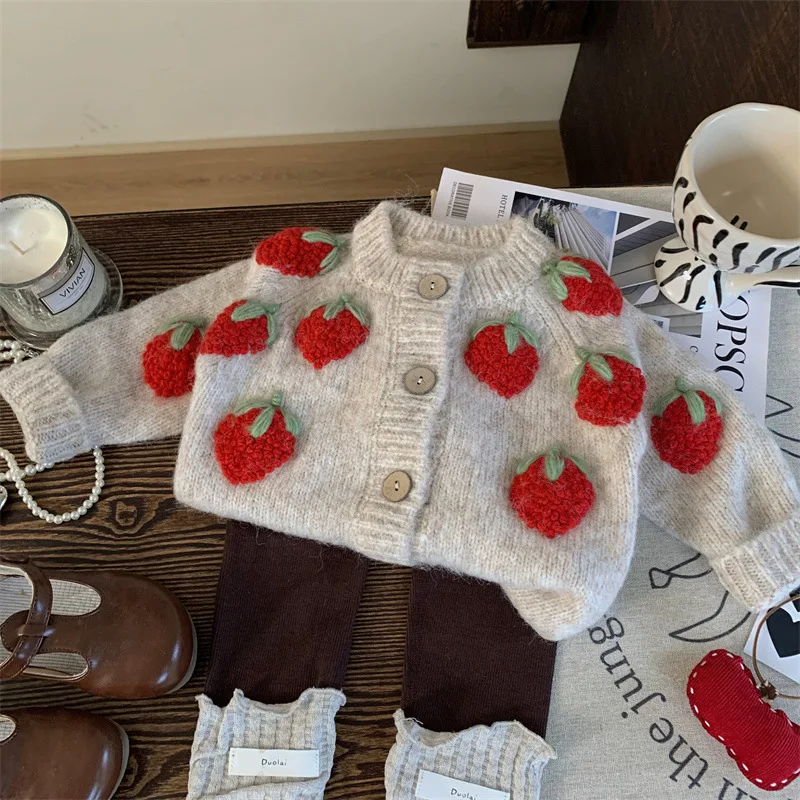 Spring and Autumn Fashionable Sweater Children Warm Cardigan New Baby Handmade Embroidered Strawberry Cardigan Children's Sets