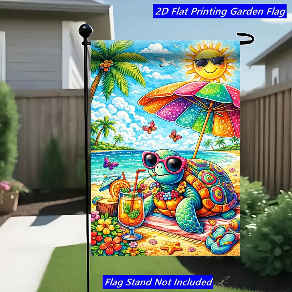 2D Flat Flag 1 Piece, Beach Leisurely Turtle, Celebration Decoration Garden Flag, Polyester Lawn Decoration, Courtyard Outdoor Flag, Suitable for Courtyard and Terrace Decoration, Scene Decoration