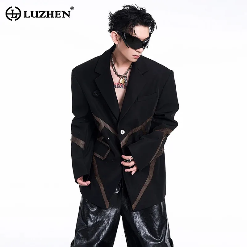 LUZHEN Faux Leather Splicing Suit Jacket Personalized Double Breasted Blazer Designer Men's 2024 Casual Versatile Pants LZ7344