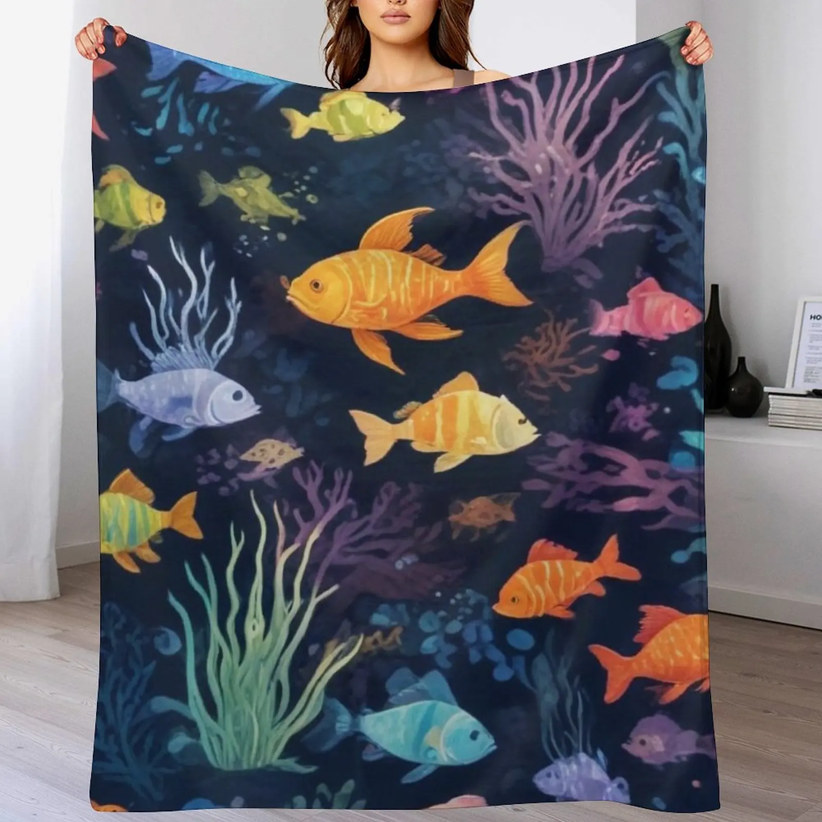 

Aqua fishes and coral reef ecosystem print design Throw Blanket All Weather Soft Throw Blanket for Sofa