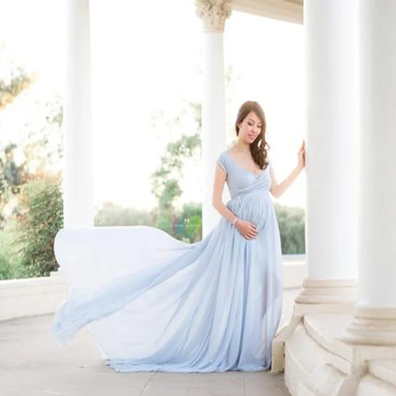 Elegant Maternity Dresses for Photo Shoot Sexy V Neck Off  Chiffon Maxi Maternity Gown Shoulder Pregnancy Photography Dress