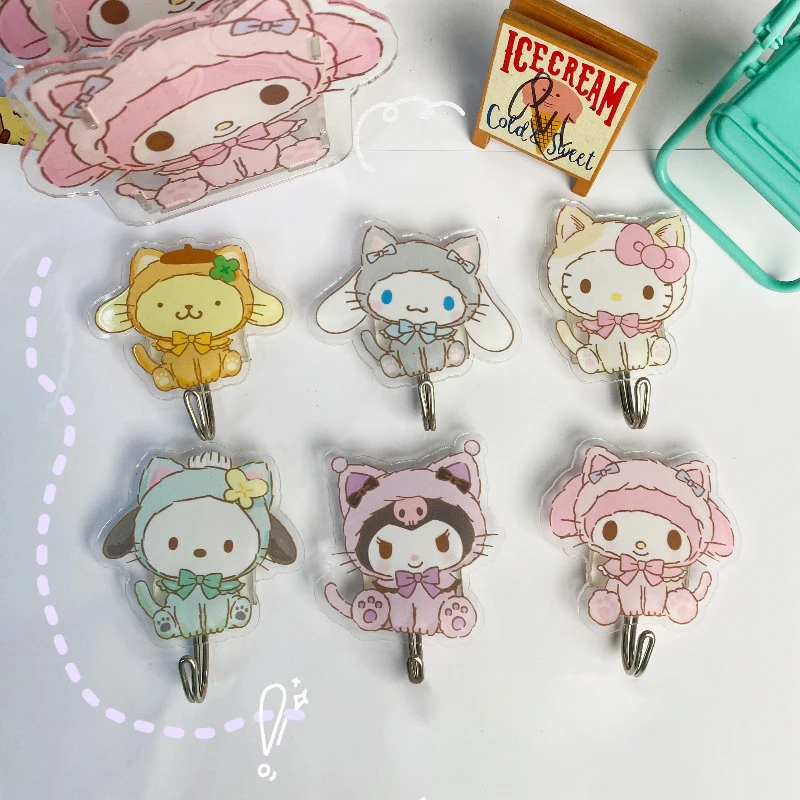 Kawaii Sanrio Hook Cartoon Anime Hello Kitty Kuromi Cinnamoroll My Melody Girl Cute Wall Hook Kitchen No Punching Acrylic Hook