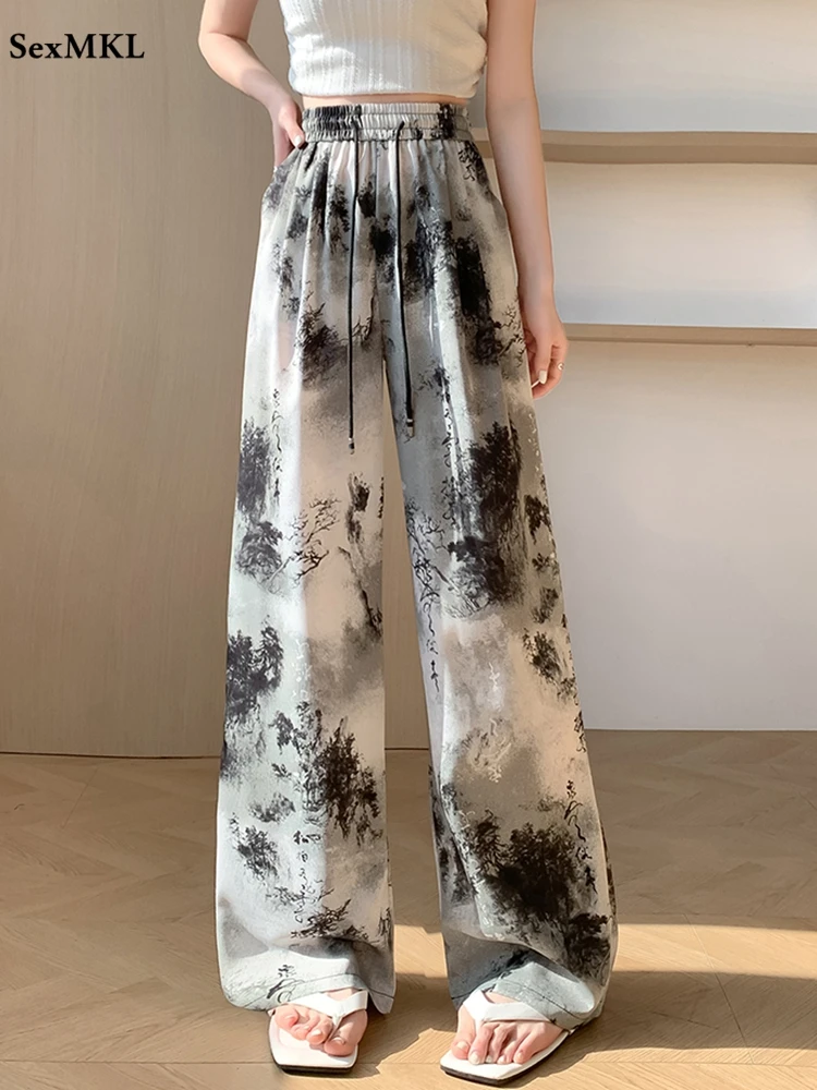 Women Casual Printed Wide Leg Pants Summer High Waist Korean Fashion Y2k Clothes Streetwear Loose Trousers Ladies Baggy Pants