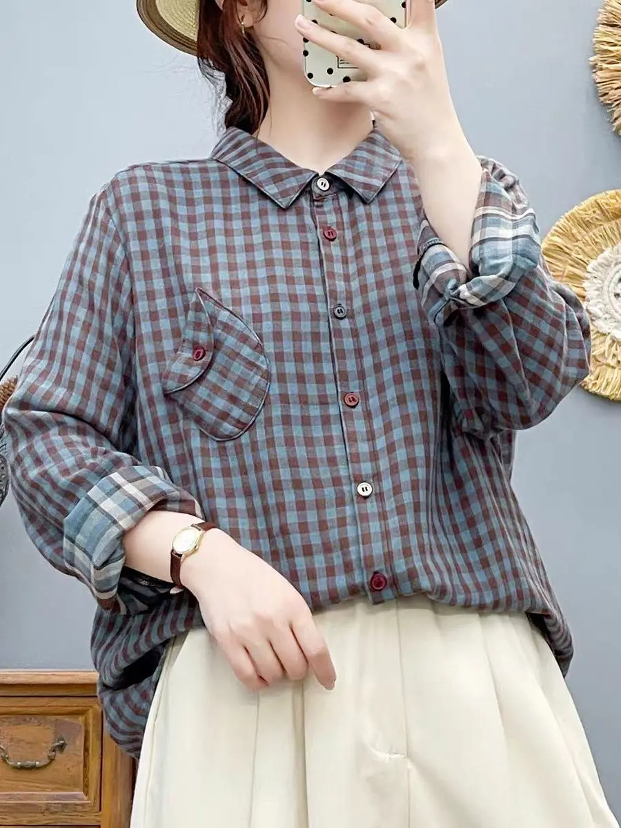 

Women's Plaid Long Sve Cotton irt Double Layer Soft Skin-friendly Pure Cotton Retro Artistic Sle Autumn Top Button up