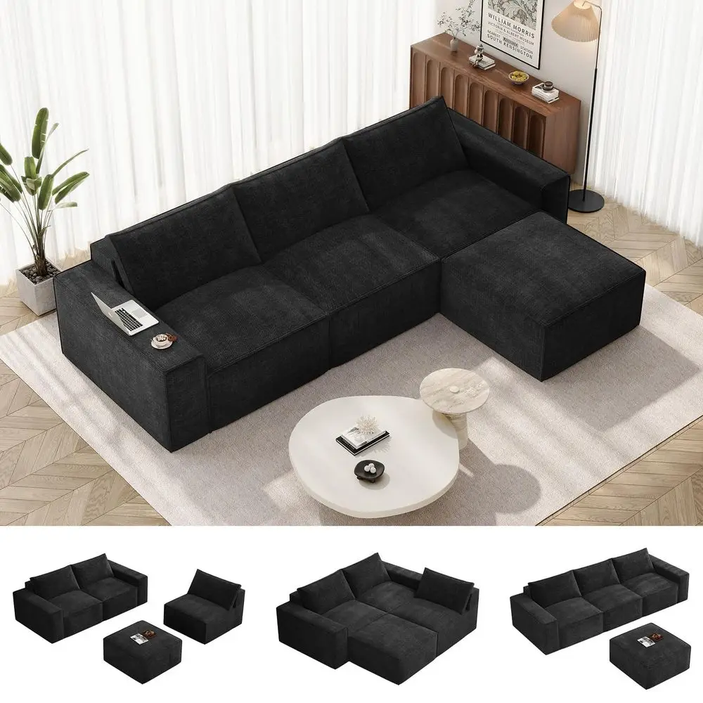 

114 Modular Sectional Boneless Couch, Modern 3 Seater Sofa with Ottoman amp Deep Seat, Convertible Chenille L Shaped Cloud Couc