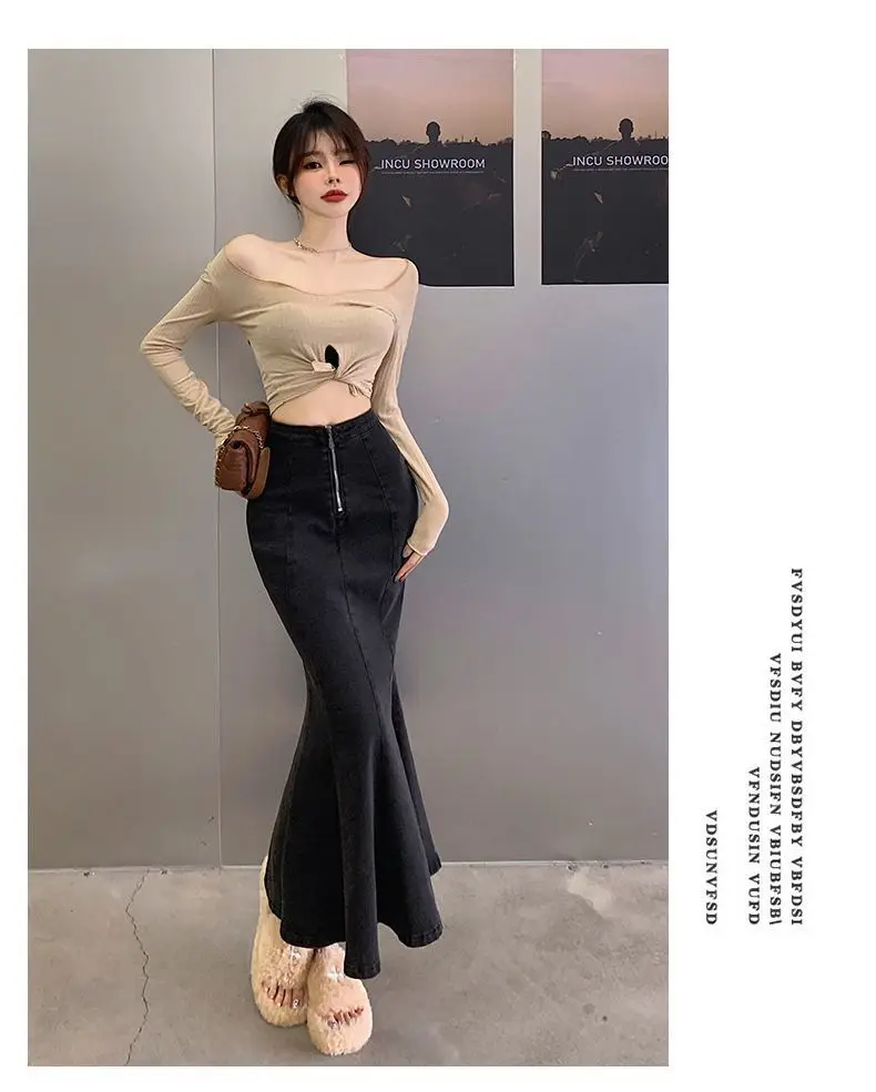 2026 Solid Slimming High Waist Midi A- Line Skirt Woman Trumpet Sides for Women Denim Half-length Skirt with Flounce
