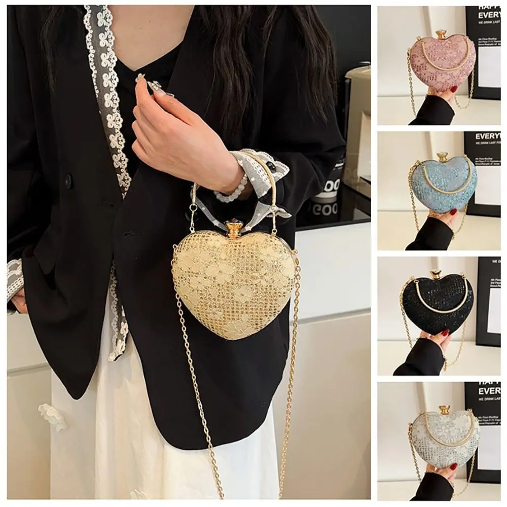 

Fashion Polyester Fiber Evening Clutch Bag Shiny Heart Shape Chain Shoulder Bag Chain Strap Metal Crossbody Bag Women