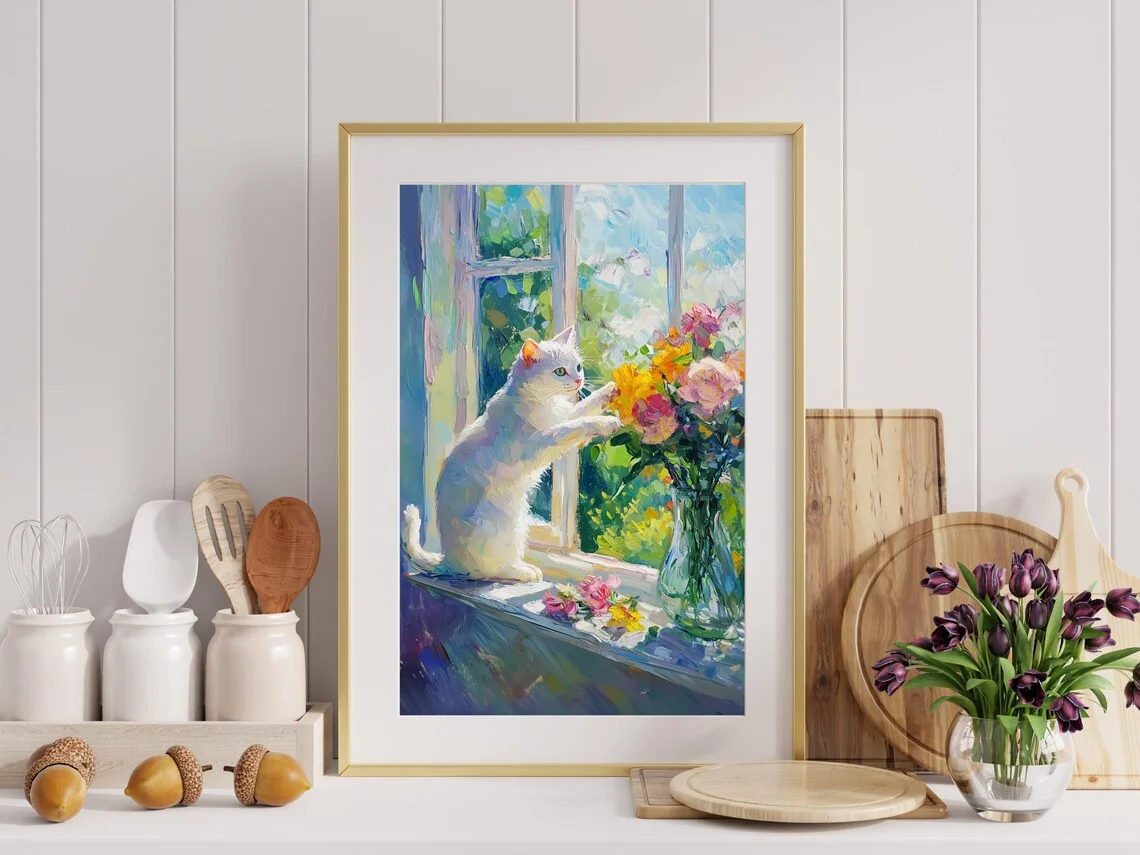 White Cat with Flowers Impasto Wall Print Decor - Vibrant Palette Knife Oil Painting of a White Cat Reaching for a Bouquet on a
