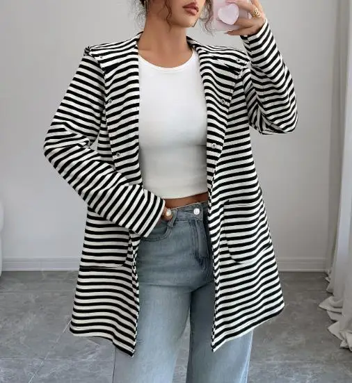 

2025 Autumn and Winter Leisure Vacation Striped Long Sleeved Trench Coat, Outerwear, Women's Clothing