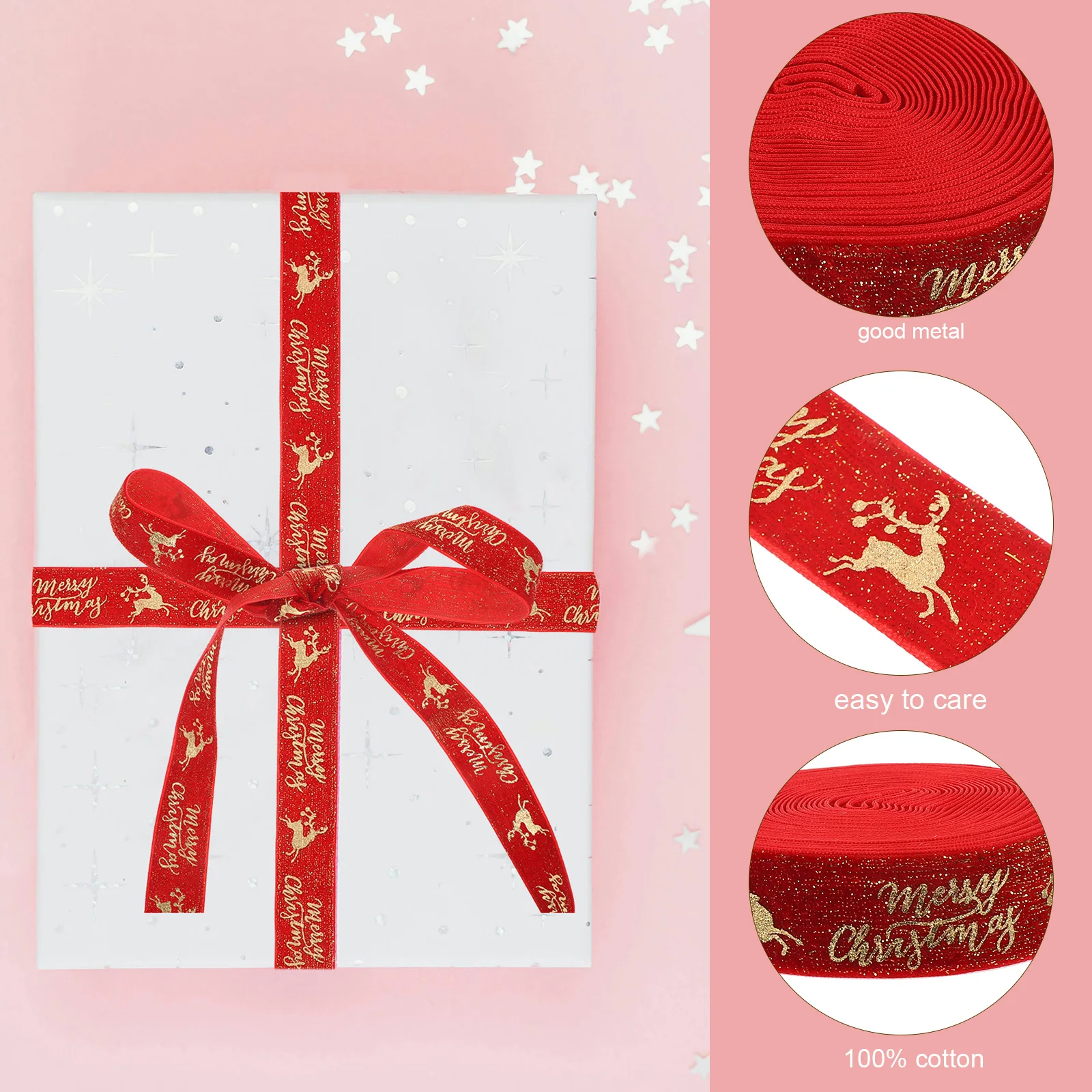 2pcs Christmas Wrapping Ribbon 5 Yard Gold Glitter Wired Edge Ribbon Festive Gift Wrap Craft for Xmas Tree Decorations Wrapping