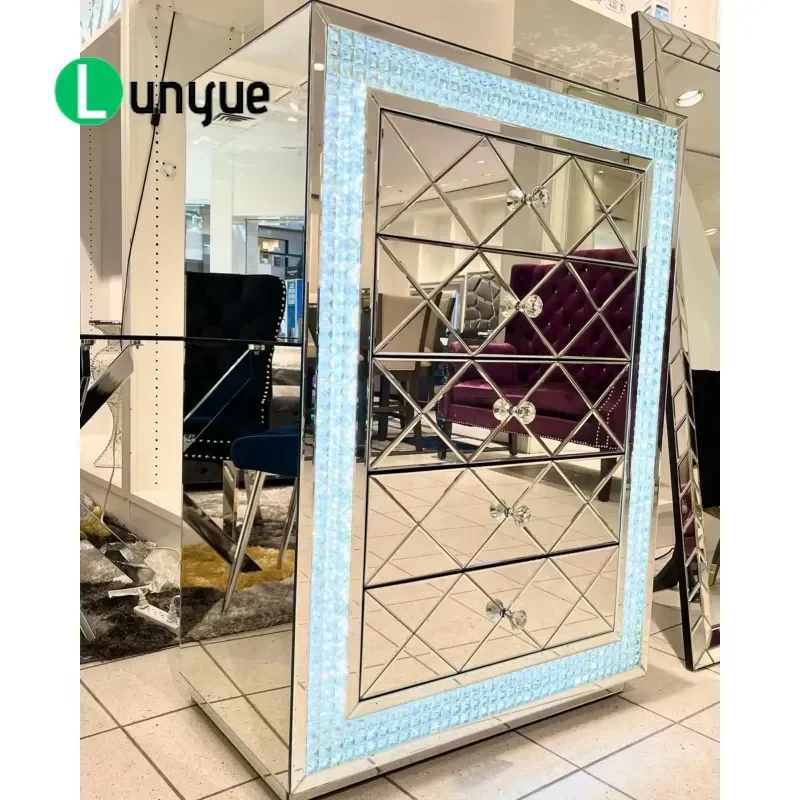 Smart LED Mirror Bedside Table with Bluetooth Speaker Wireless Charger Modern Nightstand for Bedroom Living Room Home Decor