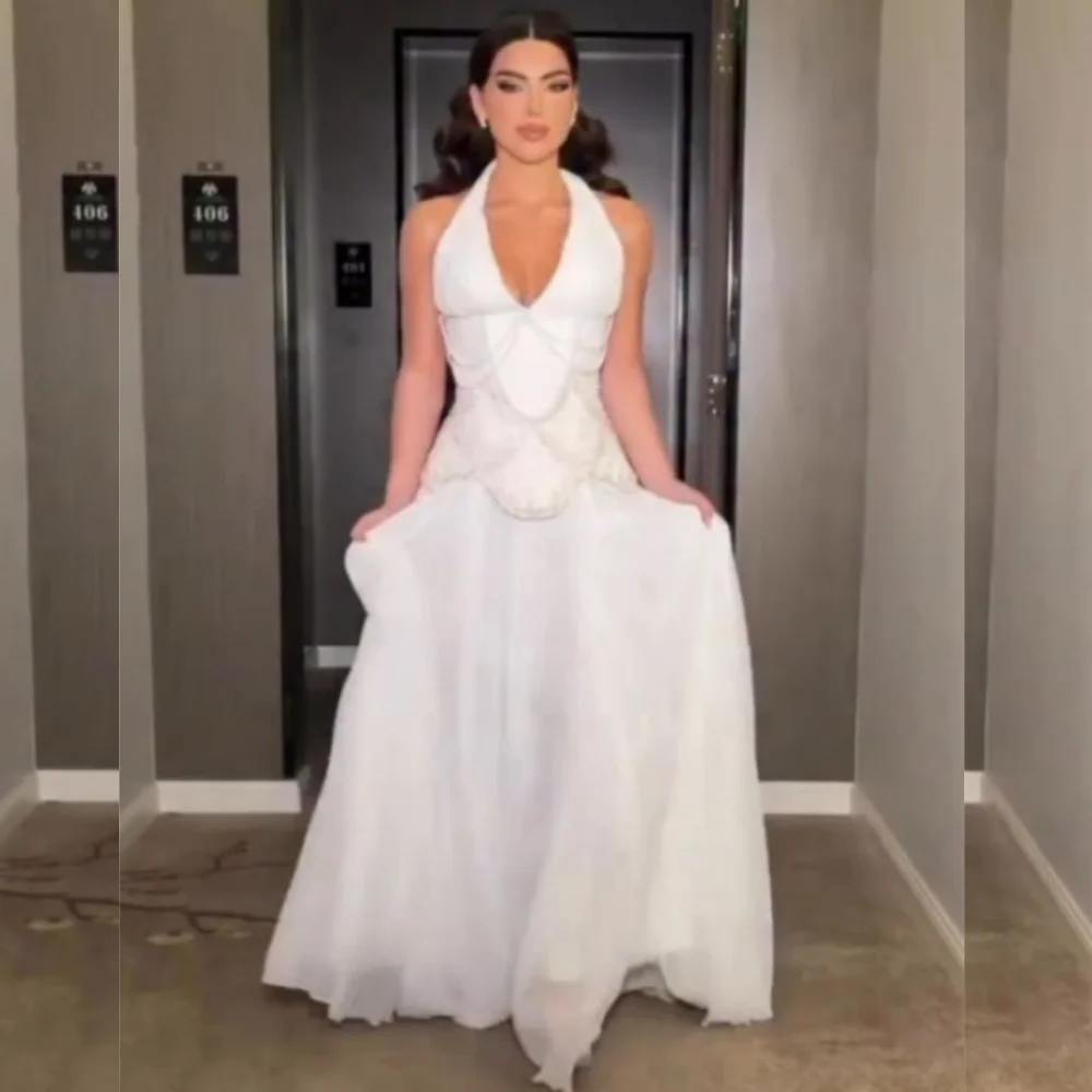 

Customized Intricate Matching Chiffon Sequined Pleat A-line Halter Long Dress Bespoke Occasion Exquisite