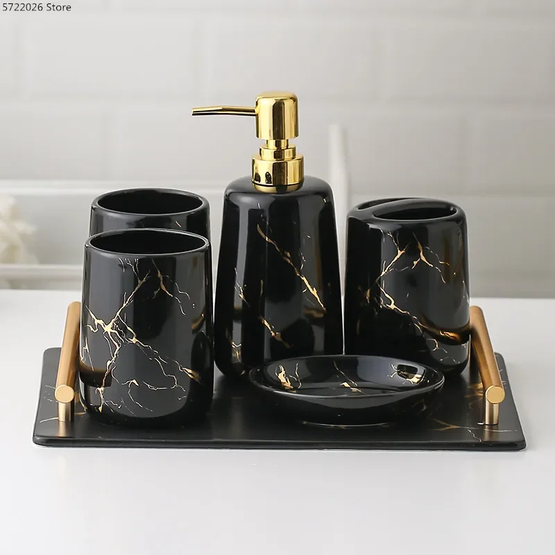 Ceramiczne przybory toaletowe zestaw łazienkowy marmurowy kubek porcelanowy uchwyt na szczoteczki do zębów/dozownik do mydła/taca dekoracja łazienki akcesoria — zdjęcie 3
