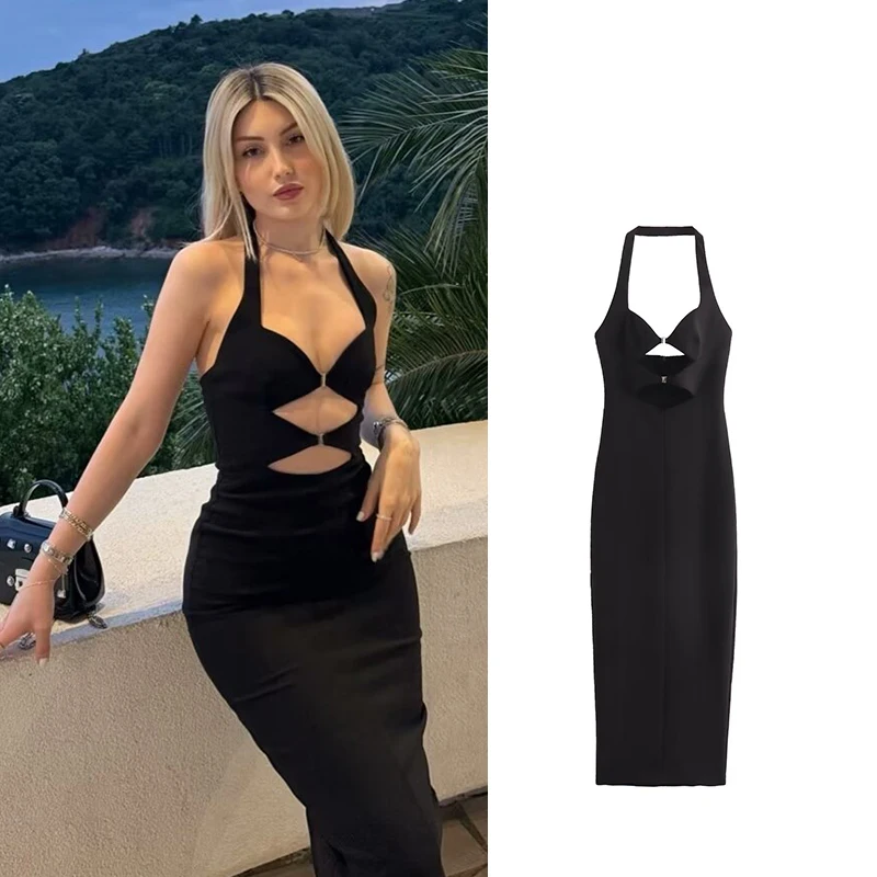 TRAF Dresses Summer Women's 2024 New Chic Hanging Neck Tube Top Elegant Holiday Youth Dress Women Street Sexy Party Dress