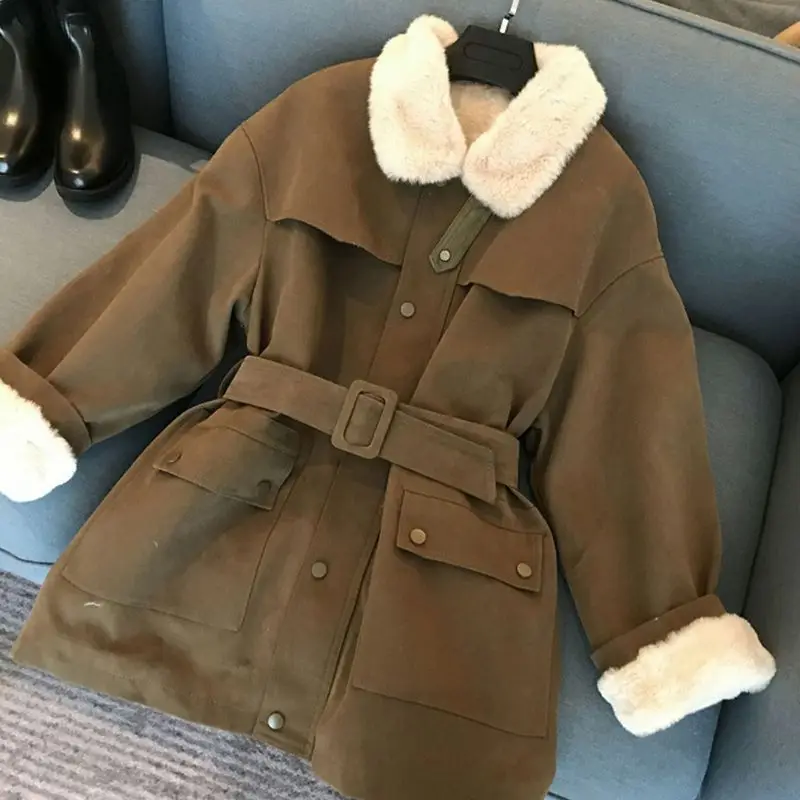 Mid-Length Parkas Women 2023 Autumn Winter New Korean Fleece Thicken Workwear Coats Imitation Lamb Wool Loose Jackets with Belt