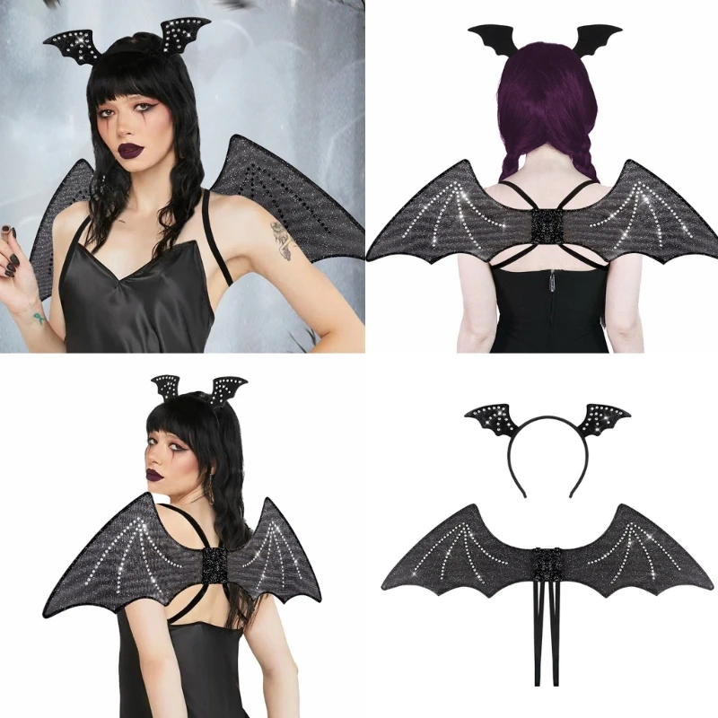 

Bats Wing with Headwear Set Halloween Black Wing Bats Ears Headband Vampires Costume Wing Halloween Costume Accessories