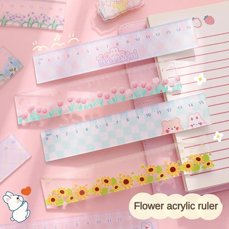 Flower Ruler School Supplies Kawaii Accessories 15cm Drawing Tool Back To School Transparent Regla Cute Stationery School Rules