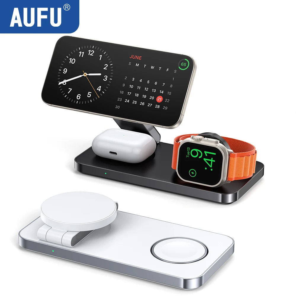 

Складная магнитная беспроводная зарядная станция AUFU 3-в-1 для быстрой зарядки, совместимая с MagSafe для iPhone 17, Apple Watch, AirPods
