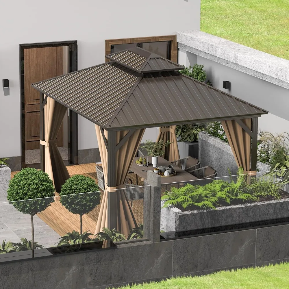 

10x12FT Outdoor Gazebo Hardtop Galvanized Steel Double Roof Curtain Netting Patio Deck Backyard ,Customized