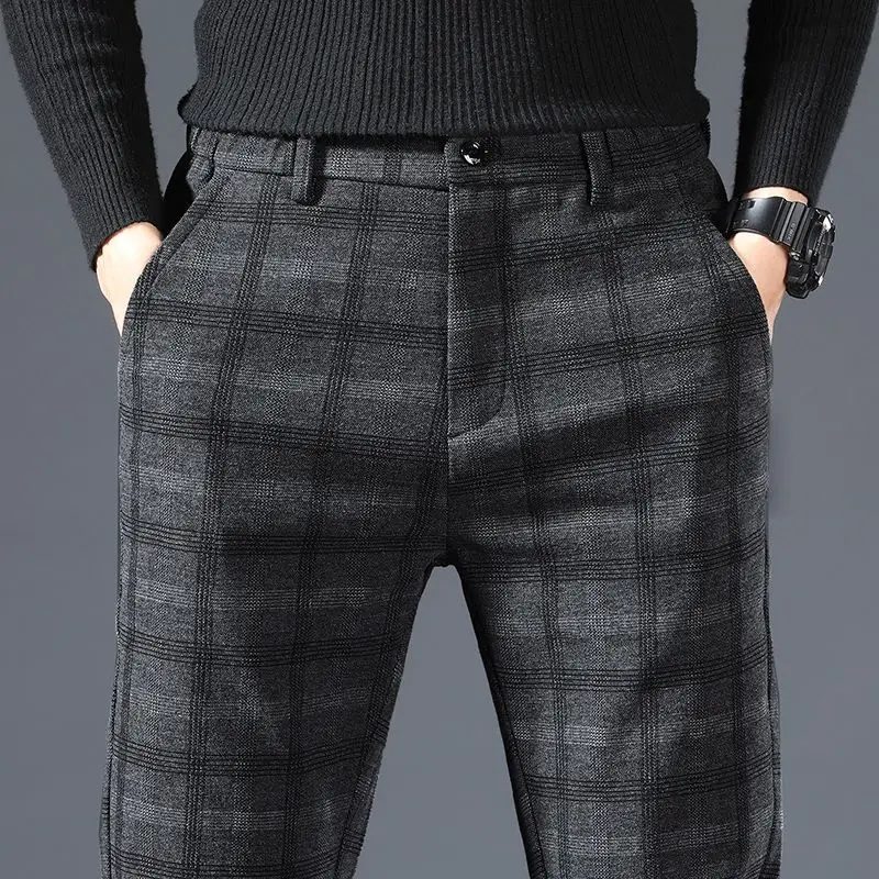 Autumn Winter Casual Pants Men\'s British Plaid Pants Men\'s Stretch Slim Straight Korean Style Fashionable Fleece Trousers Men