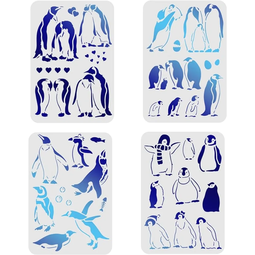 

4Pcs Penguin Stencils 11.7x8.3 inch Antarctic Penguins Stencil Plastic Penguin Animals Pattern Drawing Painting Stenbcil DIY