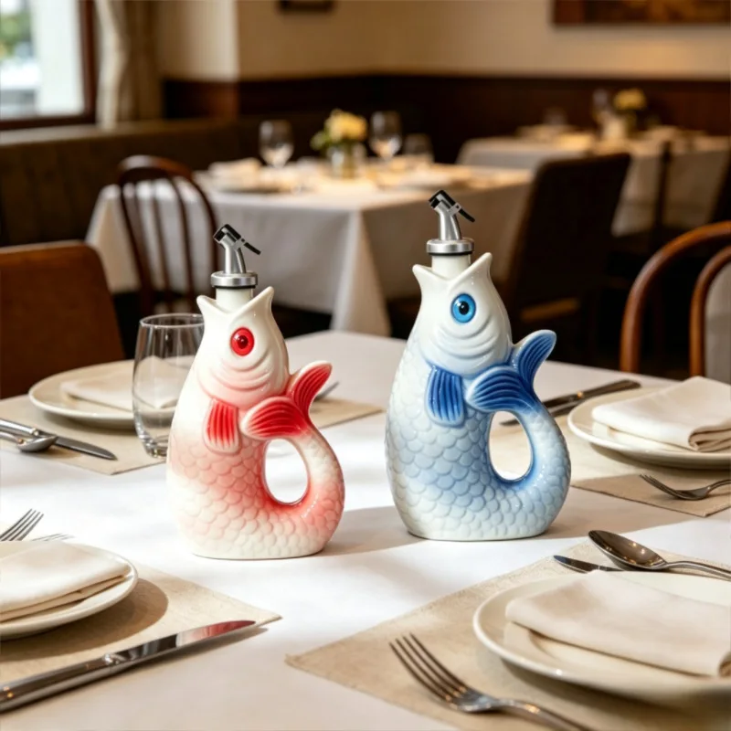 Fish Shaped Ceramic Oil Bottle,Hand Painted Condiment Dispenser,Auto Open Vinegar Soy Sauce Pot,Creative Kitchen Storage Vessel