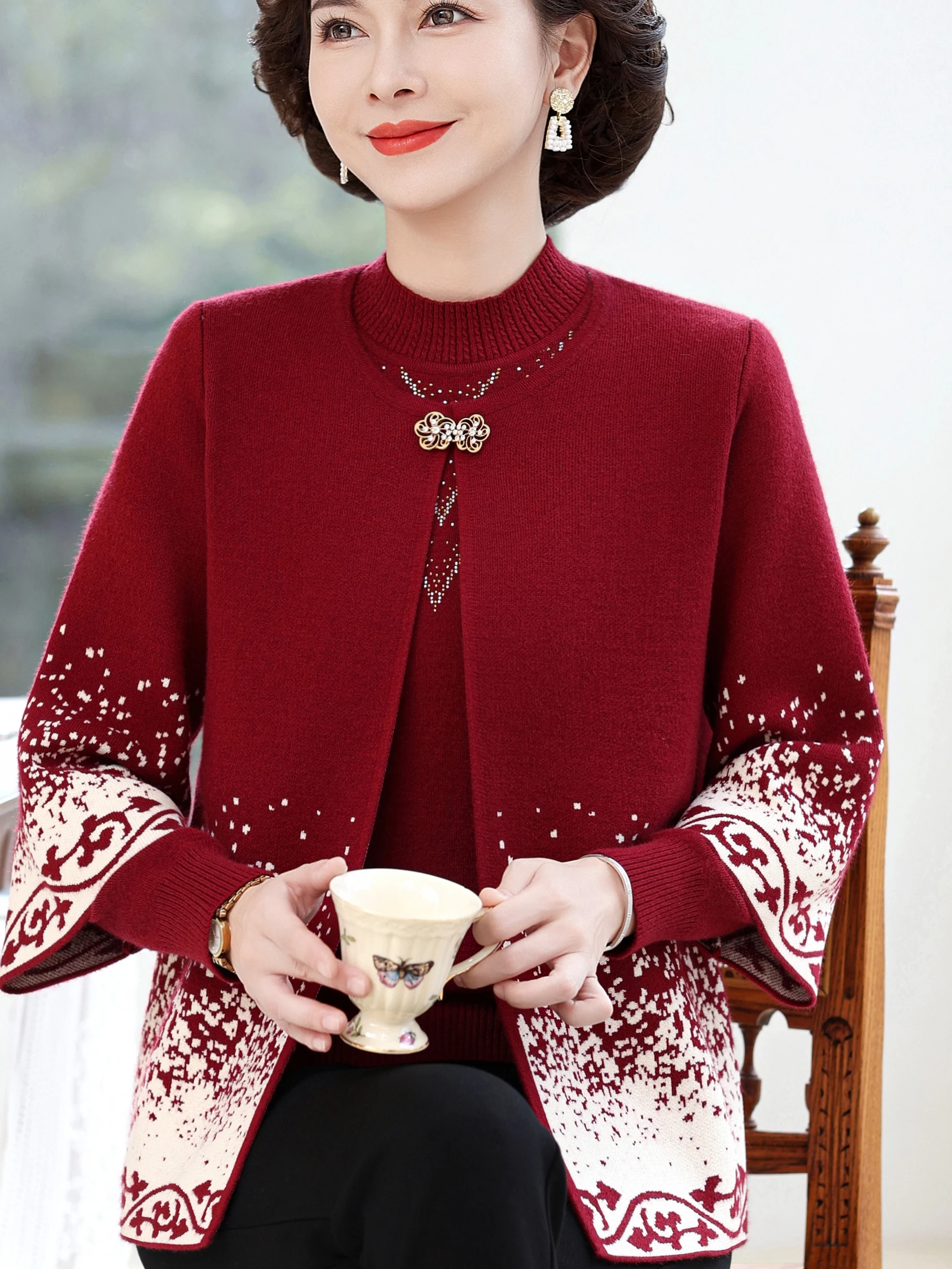 

Ele Red f свитер с высоким воротником, женский свитер среднего возраста Mommy Sle с бриллиантами, теплая основа, настоящий комплект из двух предметов