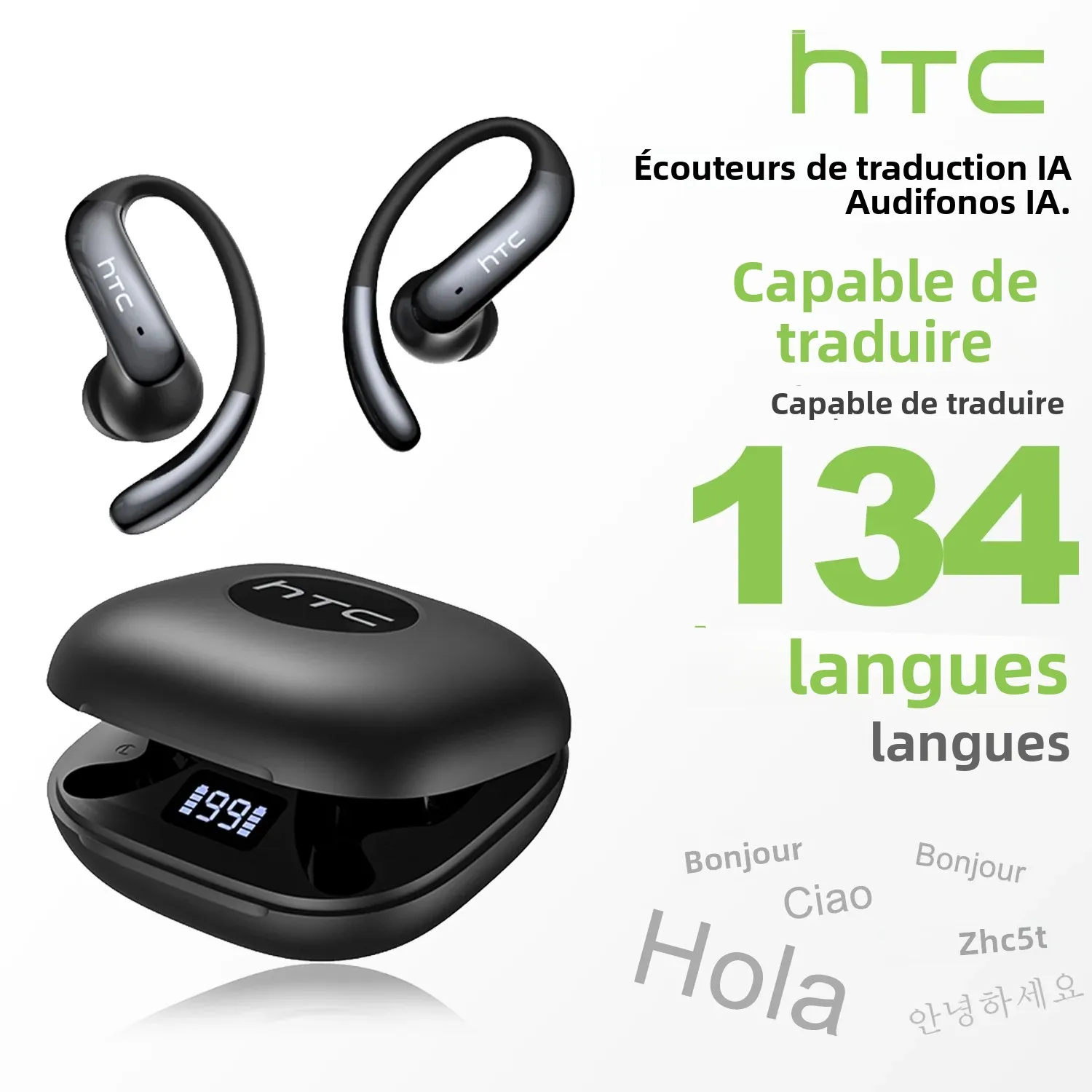 Écouteurs sans fil HTC NE63 Bluetooth V6.0 à conception intra-auriculaire avec crochet d'oreille, longue autonomie, traducteur IA et micro