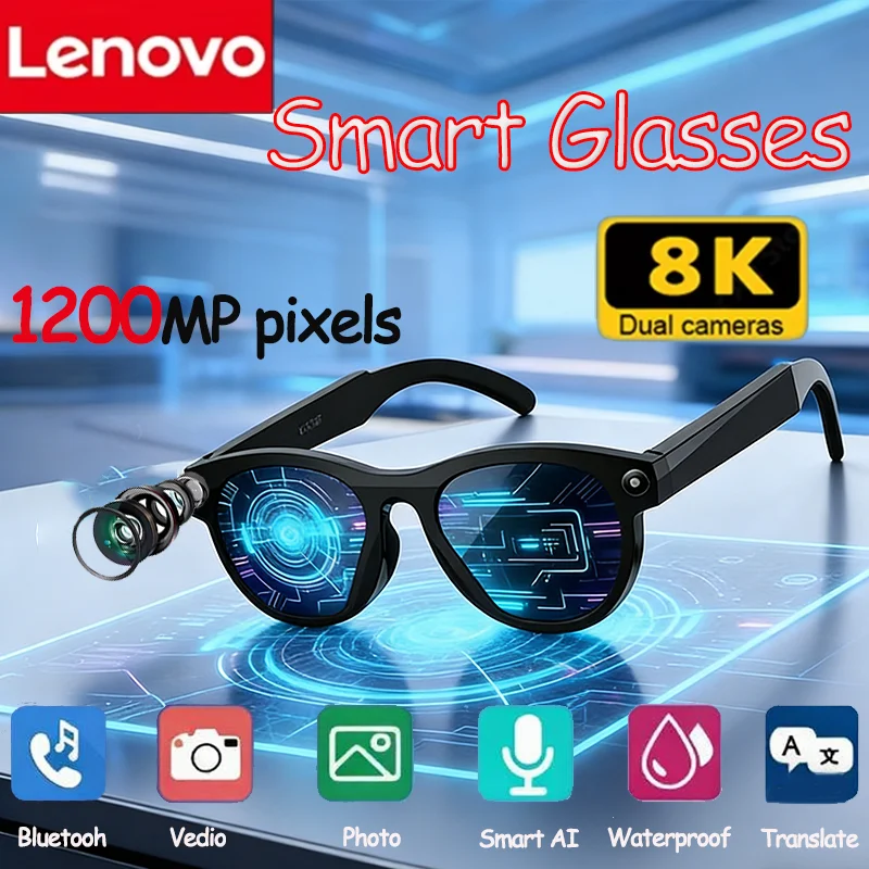 Nouvelles lunettes intelligentes Lenovo 8K AI, changement de couleur HD, Chat GPT, caméra de traduction 1200MP, appel Bluetooth, assistant vocal, contrôle de la musique