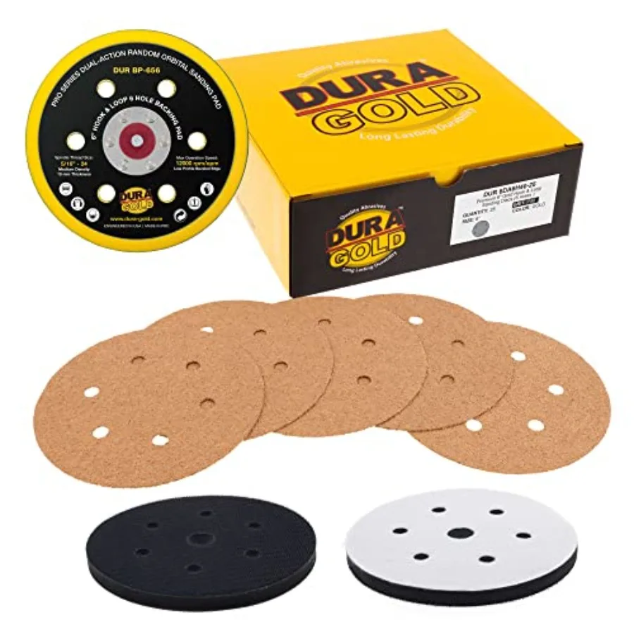 

6-дюймовые шлифовальные диски - зернистость 40, с креплением на липучке, опорная тарелка для DA-шлифмашин и промежуточная прокладка мягкой плотности