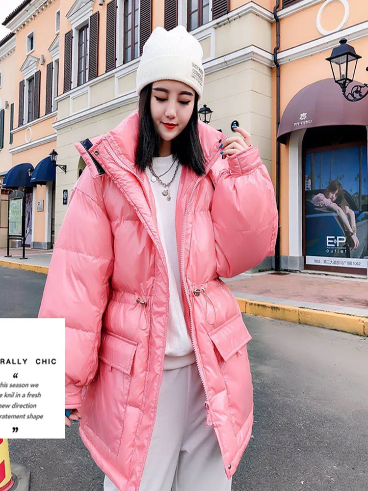 Glossy Hooded Female Waist drawstring Women Parkas Winter Women Down Cotton Jacket 2022 New Fashion Women Coat