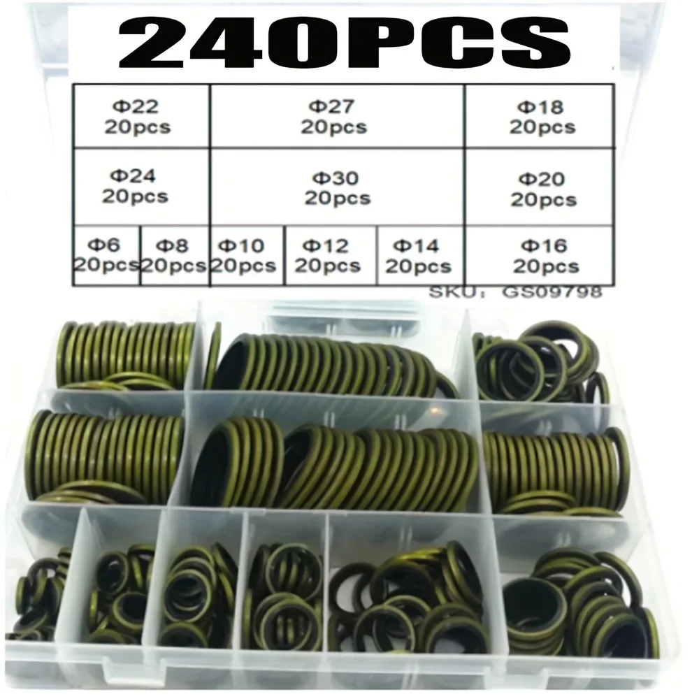 240pcs Bonding Sealing Gasket Carbon Steel High-pressure Hydraulic Rubber Oil Pipe Sealing Ring NBR Metal Sealing Ring Box