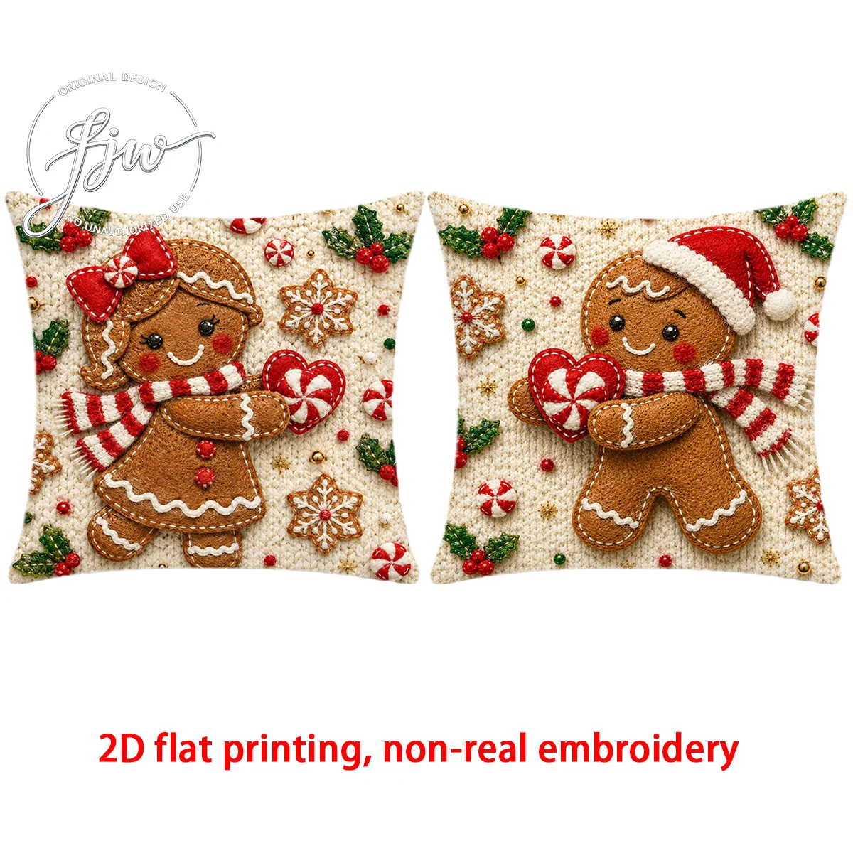 Christmas Gingerbread Couple Pillow Cover 1PC Double Sided Print 2D Flat Faux Embroidery Cushion Case Xmas Sofa Home Decor