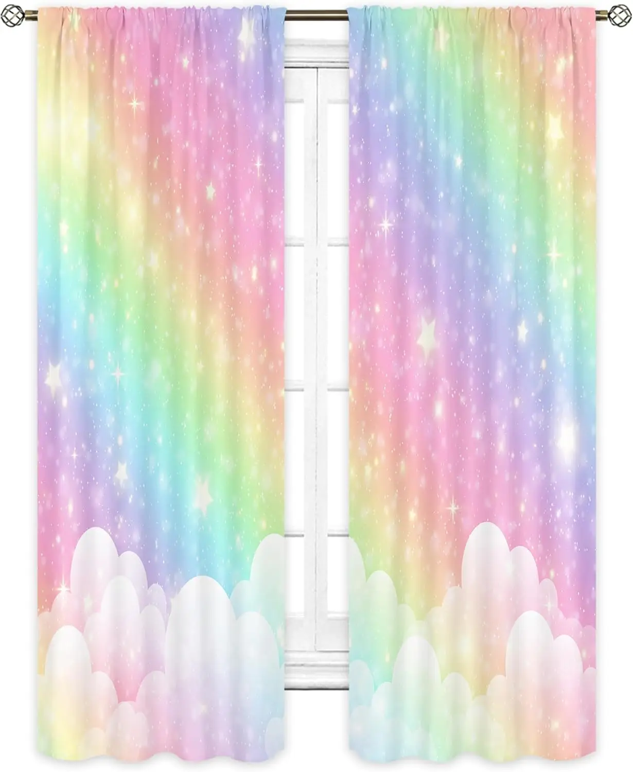 Cinbloo Rainbow Curtains 29Wx63H Inch Rod Pocket Kids Pastel Curtains Girls Cartoon Cute Colorful Sky Clouds Stars Aesthetic Art