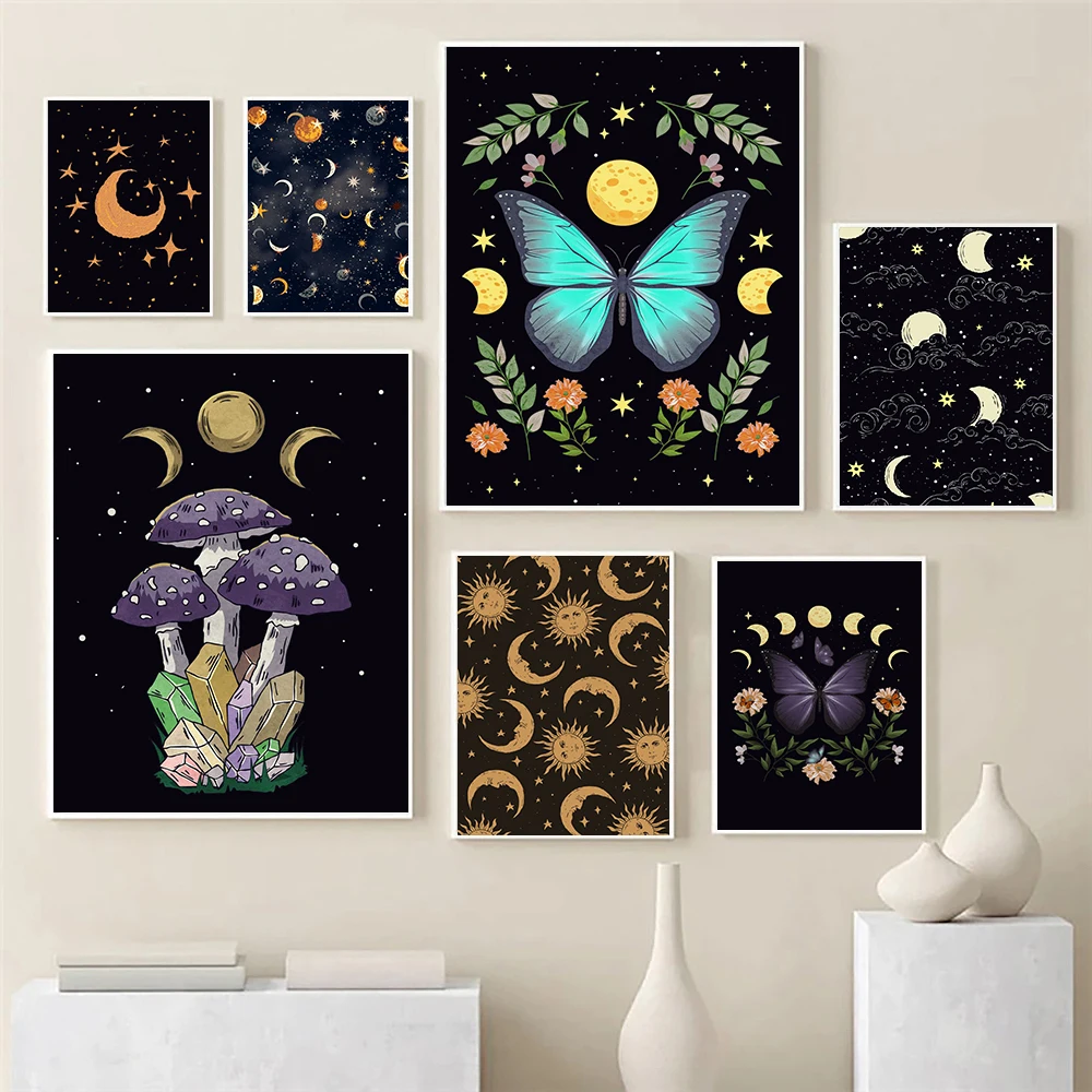 

Celestial Witchy Vintage Posters Cottagecore Aesthetic Moon Posters For Wall Art Boho Bed Room Home Decoration Canvas Painting