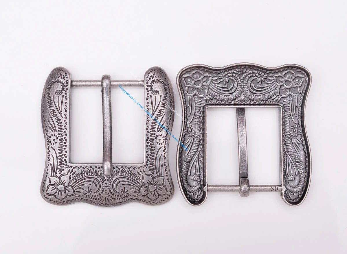 Western Cowgirl Flower Carved Antique Prong Pin Buckle Replacement Fit 30mm Belt 59X57MM